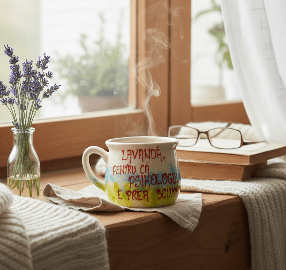 Set Cadou Cana din Portelan "Lavandă, pentru că psihologul e prea scump..." 
